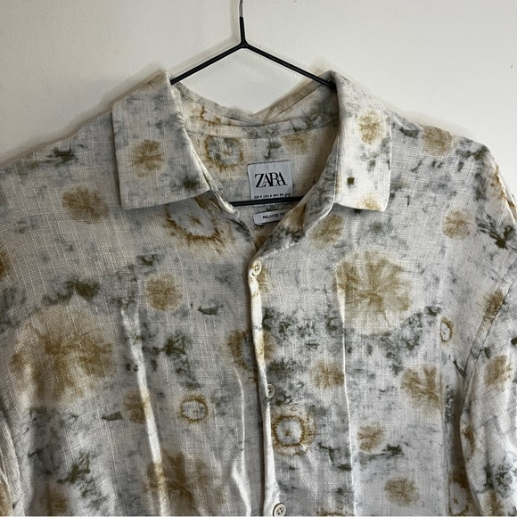 Zara Light Beige Linen Blend Tie Dye Relaxed Fit Short Sleeve Button Up Shirt - Picture 3 of 6
